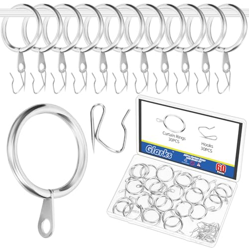 Glarks 30 Ensembles 25 mm / 1 Pouce en métal argenté draperie Rideau bagues suspendues Ensemble, Comprend 30pcs bagues de Rideau et 30pcs draperie Crochets