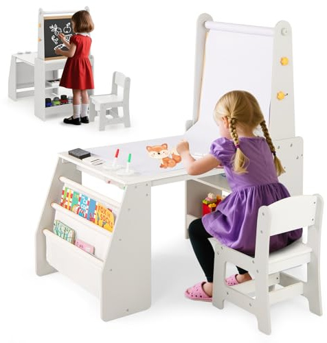 COSTWAY Kindertisch mit Stuhl & Staffelei, Kindersitzgruppe Holz mit Whiteboard & Kreidetafel & Bücherregal, Maltisch inkl. Papierrolle & Zubehör, 3 in 1 Sitzgruppe für Kinder ab 3 Jahren (Grau)