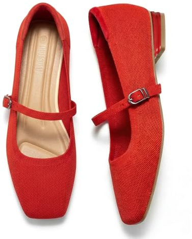 GotSoft Womens Knit Mary Jane Flats Closed Square Toe Ankle Strap Ballet Flat Dressy Comfortable Slip on Shoes, Red, Size 9