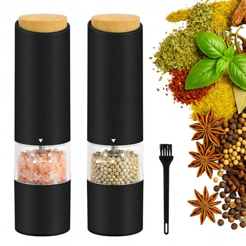 Focenat 2 Pezzi Macina Sale e Pepe,Macina pepe elettrico,Macina sale elettrico,Elettrico a Batteria Macinaspezie,Rugosità regolabile,Luce LED,Nucleo macinante in ceramica,Perfetto per cucina (Nero)
