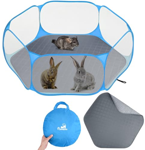 Pawaboo Parc pour Petits Animaux avec Coussin, Cage pour Petits Animaux Imperméable avec Coussin Réutilisable, Clôture De Cour Extérieure Portable pour Poussin/Chiot/Cochon d'Inde/Lapin, Bleu+Gris