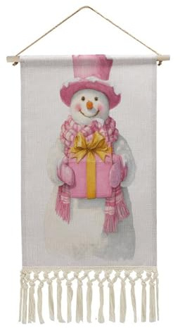 Jubonexis Arazzo da parete in lino, pupazzo di neve rosa cappello a cilindro nella neve, poster da parete vintage con nappa e asta in legno