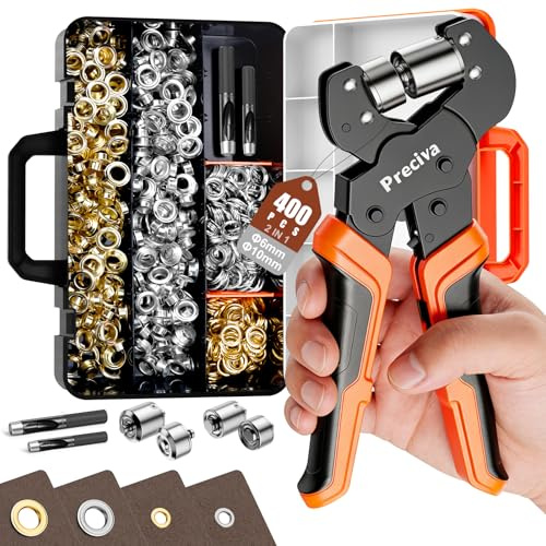 Preciva Eyelet Punch Kit, 6+10mm Grommet Tool Kit, Hole Punching Tool and Storage Box, 400pcs Rust-Resistant Eyelets（Gold/Silver), Magnetic Jaws for Canvas, Leather, Tarps, Fabric, etc