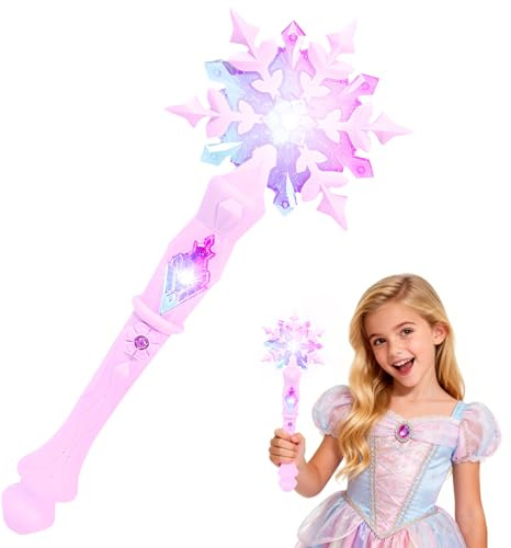 Waldspring Bacchetta Magica Luminosa Principessa, LED Bacchetta Fiocco di Neve Bambina con Luci e Suoni, DIY Fiocco di Neve Adesivi, Bambini Frozen Fata Carnevale Natale Halloween Cosplay (Rosa)