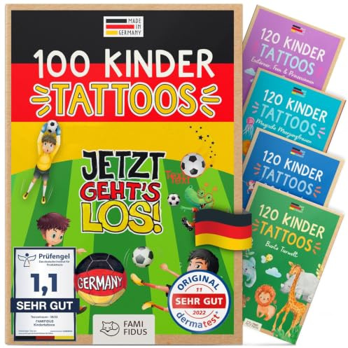 Famifidus 100 hautfreundliche Fußball Tattoos I Deutschland Tattoos Kinder | Die Kindertattoos sind Made in Germany, langanhaltend und leicht zu entfernen. Tattoos als Geschenk für Mädchen und Jungen.