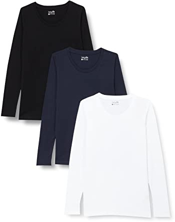 Berydale Maglietta a maniche lunghe con scollo rotondo in 100% cotone, Donna, Nero/bianco/blu navy (confezione da 3), S