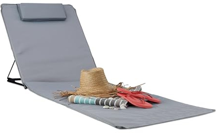 Relaxdays Strandmatta XXL, B x D: 60 x 195 cm, vadderad solstol med kudde, justerbar, bärväska, grå