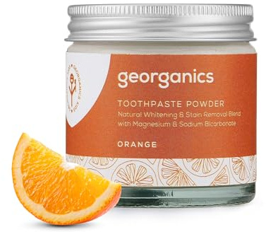 Georganics Whitening Toothpowder - Natural Blend & Stain Remover with Magnesium & Sodium Bicarbonate - Vegan, SLS, Cruelty and Fluoride Free - Orange - 60ml