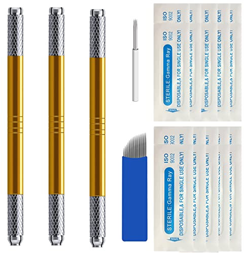 Microblading Pens 3 Piece Golden Dual Purpose Light Manual Tattoo Eyebrow Pens For Permanent Makeup Supplies Durable Aluminum Pen With Lock-Pin Tech+20Pcs Disposable Eyebrow Microblading Needles