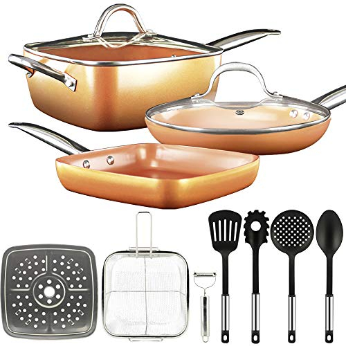 gridinlux® | Batería de Cocina 12 piezas Cobre | Set Juego de sartenes Acero Inox con tapa Vidrio Templado | Todo tipo de Cocinas: Inducción Gas Vitro | Horno | Utensilios