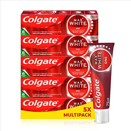 Colgate Max White One Whitening Toothpaste 5 x 75ml | Clinically Proven Formula That Removes up to 100% of Surface Stains | 1 Shade Whiter in 1 Week | Teeth whitening Toothpaste | Fluoride Toothpaste