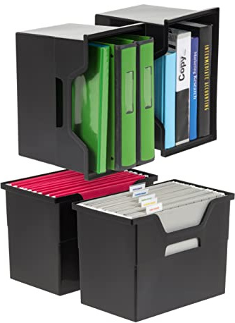 IRIS USA Large Portable Desktop File Box with Open Lid, 4 Pack, Side Handles, Hanging File Folders, Tabs & Inserts, Letter Size, Magazines, Newspapers, Mail, Books, Notebooks, Black