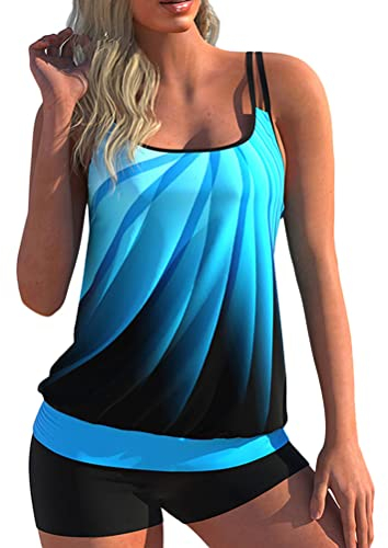 Minetom Tankini Damen Bauchweg Bademode Set Zweiteilig Badeanzug Strand Schwimmanzug Swimsuits Bikini Tank Top Shorts Oberteile und Badeshorts C Blau XL