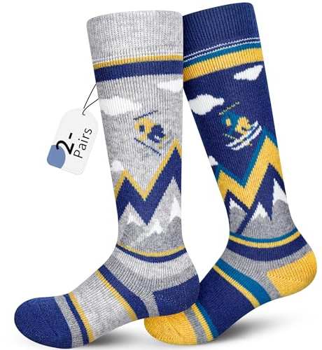 unenow Merino Wool Ski Socks Kids 2 Pairs, Winter Warm Snowboarding Thermal Socks for Boys Girls Toddlers