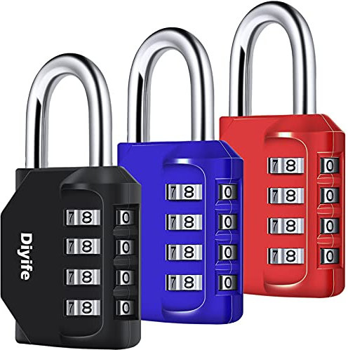 Diyife 3 PCS 4-Digit Cadenas à Combinaison, Serrure Combinée Imperméabiliser, Métal étanche et Fermoir Combiné en Acier Plaqué, Noir Bleu Rouge