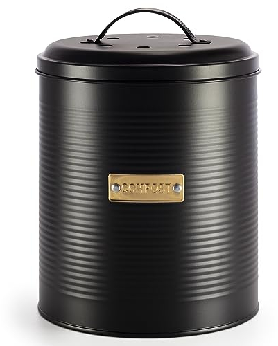Ehc Compost Bin with Lid for Kitchen Countertop, Food Composter Container Can, Galvanized Steel, 3.6 L, Black