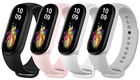 Msksjer 4 Stück Armband kompatibel mit Xiaomi Mi Band 7/Mi Band 6/Mi Band 5 /Amazfit Band 5 für Damen Herren, Weiches Silikon Sport Armbänder für Mi Band 5/6/7, Schwarz/Grau/Weiß/Rosa
