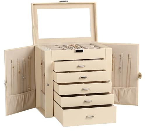 Frebeauty Grande Boîte à Bijoux 6 Niveaux, Organiseur en Similicuir avec Serrure et Miroir, Boîte de Rangement avec 5 Tiroirs pour Colliers, Bagues, Boucles d’Oreilles et Accessoires (Beige)
