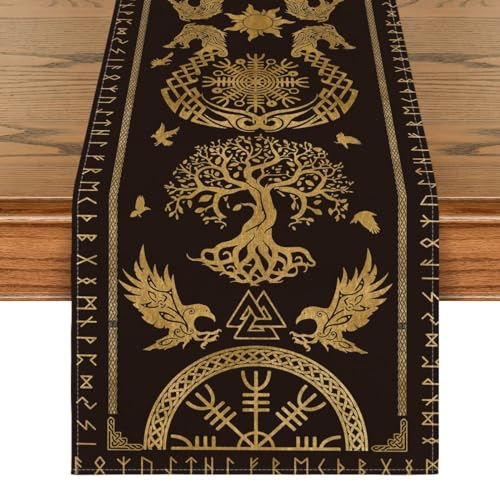 Artoid Mode Black Gold Viking Tree of Life Raven Helm of Awe Table Runner, Seasonal Kitchen Dining Table Decoration for Home Party Decor 40x140 cm
