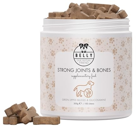 Belly® 100 Friandises pour Os & Articulations Canines - Moule Verte Chien, MSM, Glucosamine, Boswellia - Saveur de Poulet - Joint Care Chien Articulation - Complement Alimentaire Chien, 300g