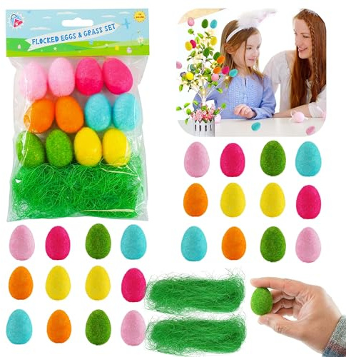 SRV Hub 24Pcs Colorful Flock Easter Egg and Green Grass Set - Perfect DIY Craft Accessories for Bonnet Hat Decorations, Party, Gift Hampers, and Classroom Events