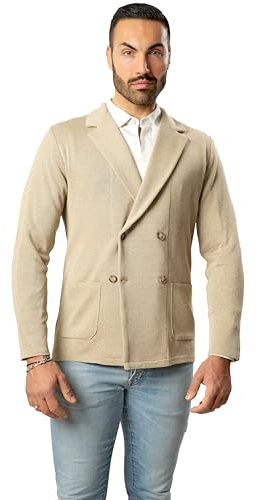 Giacca Doppio Petto da Uomo - Punto di Cucitura Milano - Blaazer Slim Fit in Cotone - Artigianale, Made in Italy - Casual, Classica Sportiva (IT, Testo, 3XL, Regular, Regular, Beige)