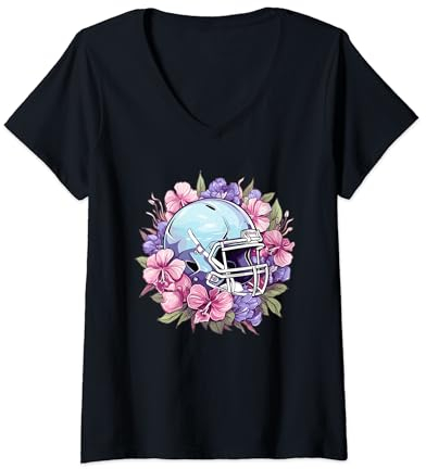 Damen American Football Helm mit Blumen I American Football T-Shirt mit V-Ausschnitt