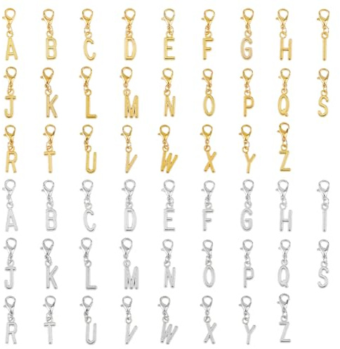SUPERFINDINGS 104 Stück 2 Farben AZ Alphabet Buchstaben Anhänger Reißverschluss Anhänger Clip On Anhänger Alphabet ABC Anhänger Edelstahl Goldene Buchstaben Anhänger Mit Klauenverschluss