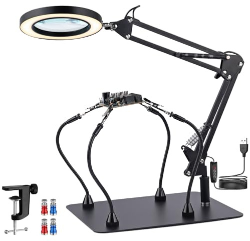 YGiTK Tredje hands lödkolv med 2 i 1 8X LED-förstoringsglas, lödhjälp, lödstation med 4 magnetiska kolumner, 4 flexibla armar och 1 metallklämma, för lödare, juvelerare, hantverkare