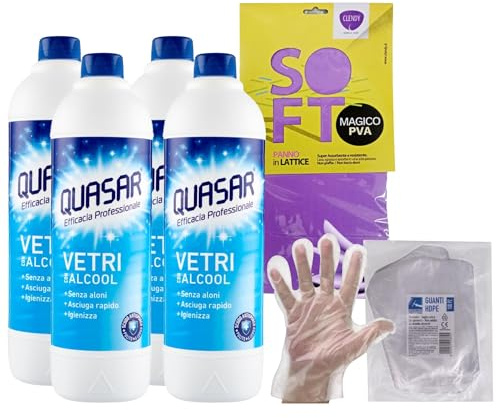 4x Quasar Detergente VETRI CON ALCOOL, Non Lascia Aloni, Asciuga Rapidamente e Igienizza. Ricarica 580ml + Panno SOFT In Lattice + 100pz Guanti HDPE Monouso