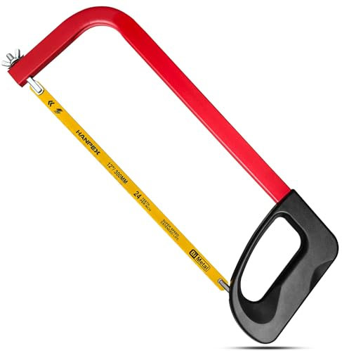 Hanpex 12in./300mm High-Tension Hacksaw Frame with 24 TPI Bi-Metal Blade, Hand Saw Suitable for Metal, Wood, PVC, Carpentry（Black Handle）