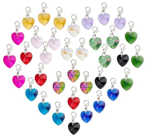 HOBBIESAY 12 Colors 48Pcs Colourful Heart Glass Dangle Charms 15mm Crystal Faceted Heart Pendants with Lobster Clasps Love Shape Charms for Valentine's Day Earring Necklace Keychain Jewelry Making