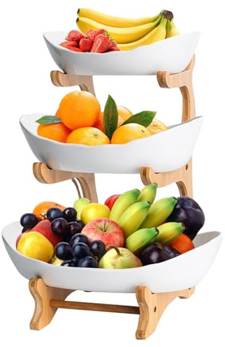3 Piani Cesto Frutta con Supporto Legno Bambù Naturale, Porta Frutta Ceramica con 8 Viti, Portafrutta Ripiani Moderna, Cestino Fruttiera Famiglia per Verdura, Dolci, Caramelle, Snack (Bianco)