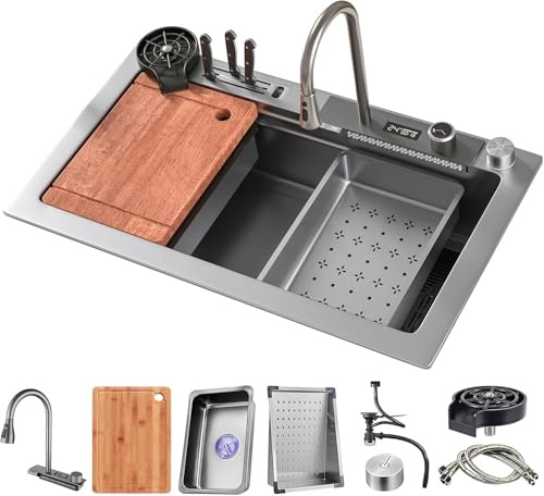Lavello a Cascata con Display Digitale, lavello a Una Vasca, lavello da Cucina con Scarico Quadrato, lavello da postazione di Lavoro a Cascata, con risciacquatore per Bicchieri e s