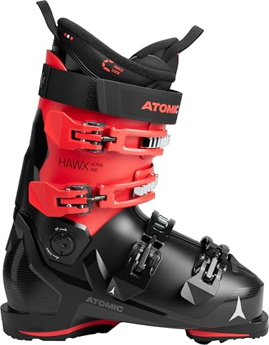 ATOMIC HAWX Ultra 100 Skischuhe in Schwarz/Rot - Größe 45/46 - Schmale Ski-Boots mit 98 mm Passform - Memory-Fit Skistiefel aus robustem PU - Hochwertige Ski-Schuhe mit 3D Knöchel & Ferse