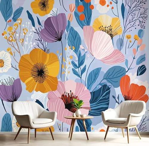 JEDTAKCT Papier Peint Panoramique Coquelicot Abstrait, Papier Peint Mural Photo Motif Jardin Scandinave Bleu Ciel, Tapisserie Panoramique Salon, Décoration Murale Chambre, 200X140Cm