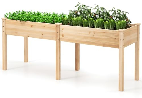 HOMASIS Huerto Urbano Elevado de Madera, Rectangular Cama de Jardín con 8 Orificios de Drenaje, Mesa Jardinera de Cultivo para Verduras, Flores, Frutas Patio Terraza (Natural)