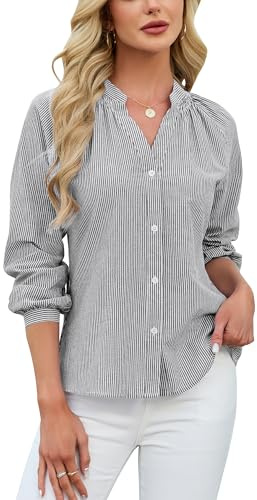 Blooming Jelly Womens Striped Button Down Shirt V Neck Long Sleeve Cotton Blouse Business Casual Ladies Trendy Summer 2026 Fashion Dressy Work Tops (Medium, Black)