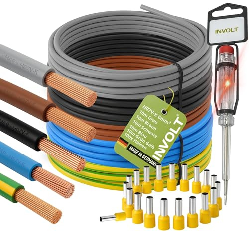 INVOLT H07V-K 6 mm² kabelledning, set om 5, enkelladdare, svart, blå, brun, grå, grön-gul med ledarändhylsor och spänningstestare (10 m + 100 hylsor)