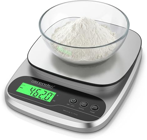 Arendo - Küchenwaage digital Edelstahl – max. 1g - 5 kg - LCD Display – Tara Zuwiegefunktion – Messgenauigkeit 1g – 3 Tasten Bedienung - g, oz