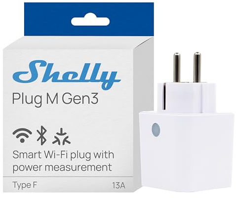 Shelly Plug M Gen3 Bianco - Presa Intelligente Wi-Fi & Matter (Tipo F), Misurazione Consumi, 13A, 3000W, Nessun Hub Richiesto, Timer, Smart Riscaldamento, Luci, Alexa, Google Home, Apple HomeKit