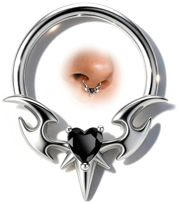Jewseen Obsidian Heart Septum Rings 16G 316L Surgical Steel Septum Piercing Jewelry 10MM Blade Wings Daith Earrings Punk Helix Daith Cartilage Piercing Jewelry for Women Men