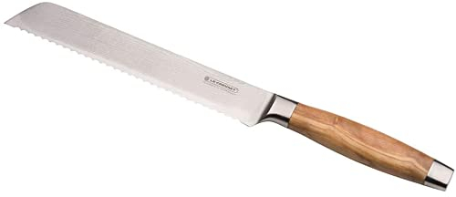 LE CREUSET Brotmesser, 20 cm 18/8 Damaststahlklinge mit Wellenschliff, Olivenholzgriff, Braun/Silber, 98000520000200