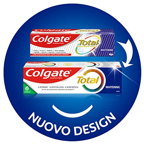 Colgate Total Dentifricio Sbiancante con Ingredienti Antibatterici Total Whitening, per la Protezione di Denti, Lingua, Guance e Gengive, 75 ml
