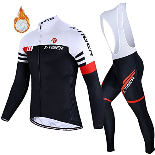 X-TIGER da Ciclismo Inverno Termico Vello Completo Giacca Maglia Maniche Lunghe Maglietta Manica da Uomo + 5D Gel Pantaloni Lunghi con Pettorina Set di Abbigliamento Ciclista
