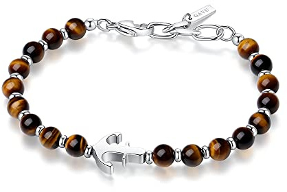 GAVU Bracciale da Uomo con Perline di Occhio di Tigre e Charm Ancora di Acciaio Inossidabile, Bracciale Surfista Estivo da Uomo