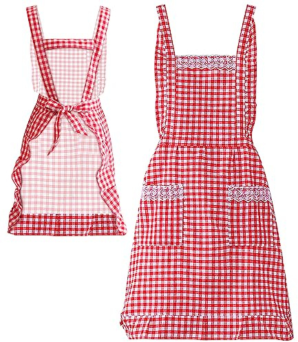 JJYHEHOT Women Classic Vintage Apron, Red and White Gingham Cotton Apron, Home Kitchen Chef Bib