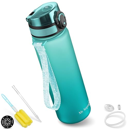 My Vesperbox, Minny, läckagesäker drickflaska för barn, med sugrör eller sil, 350 ml, 500 ml, 750 ml, lätt vattenflaska i titan, BPA-fri, för dagis, skola (blå–turkos, 500 ml)