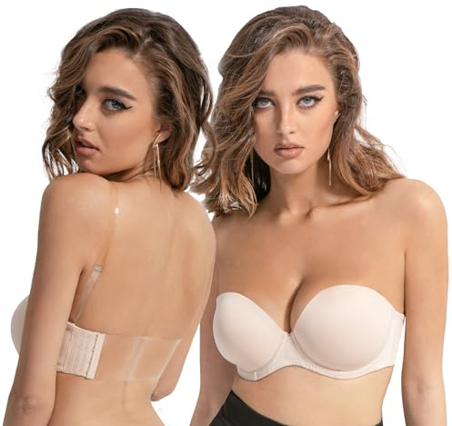 Amafuur Soutien-Gorge Dos Nu sans Bretelles Transparentes et Dos Convertible à Armatures multidirections, légèrement rembourré, Grande Taille pour Femme, Nude, 95 B (Taille Fabricant:36B)