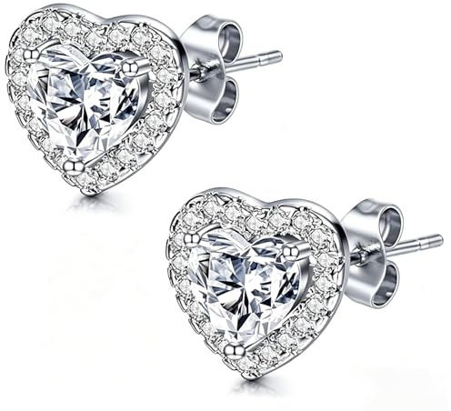 1 Pairs Silver Earrings for Women, Stud Earrings for Women, Earring Diamond Heart Studs for Valentine's Day & Mother's Day, Comes with an Exquisite Packaging Box, Suitable for Birthday Gift